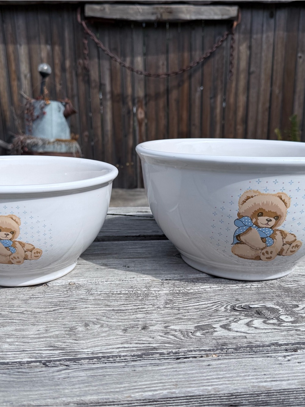 White Ceramic Teddy Bear Mixing Bowls with Blue Bow - Set of 2